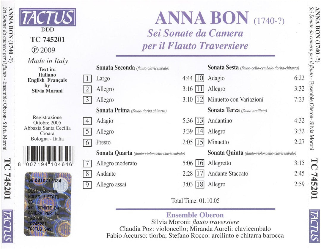 Anna Bon: Sei Sonate da Camera per il Flauto Traversiere cover art