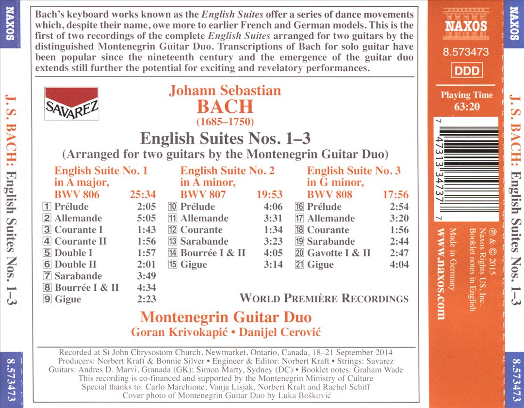 J.S. Bach: English Suites Nos. 1-3 Arranged for Two Guitars cover art