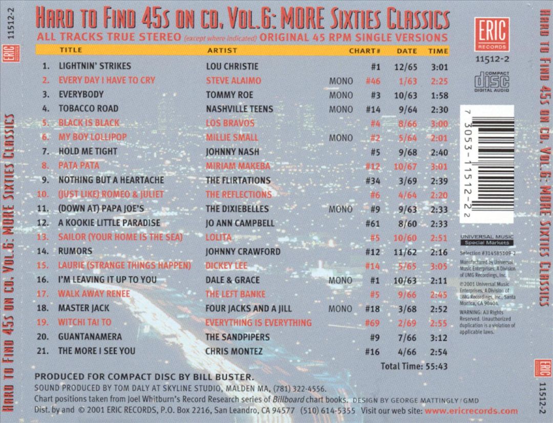Hard to Find 45's on CD, Vol. 6: More Sixties Classics cover art
