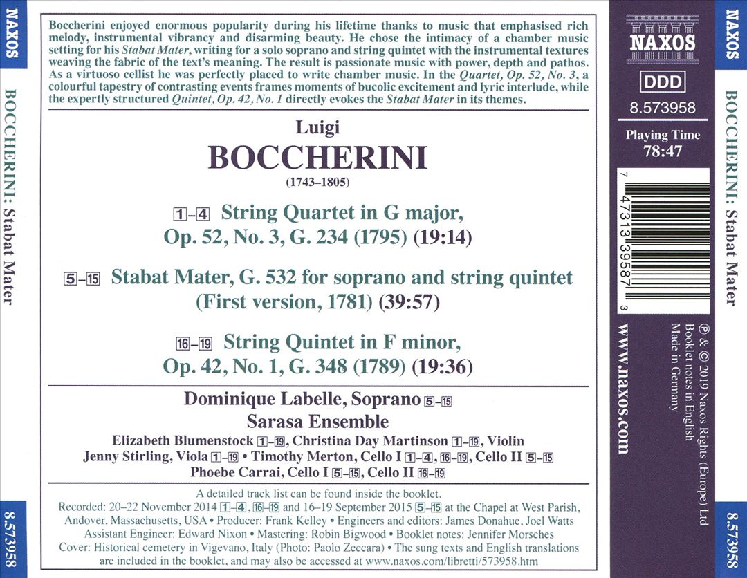 Luigi Boccherini: Stabat Mater; String Quartet, Op. 52, No. 3; String Quintet, Op. 42, No. 1 cover art