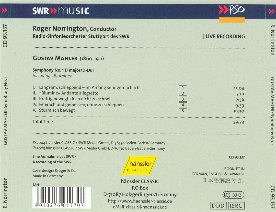 Mahler: Symphony No. 1 including Blumine cover art