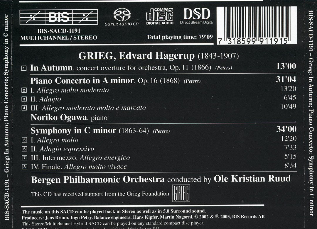 Grieg: In Autumn; Piano Concerto; Symphony in C minor cover art
