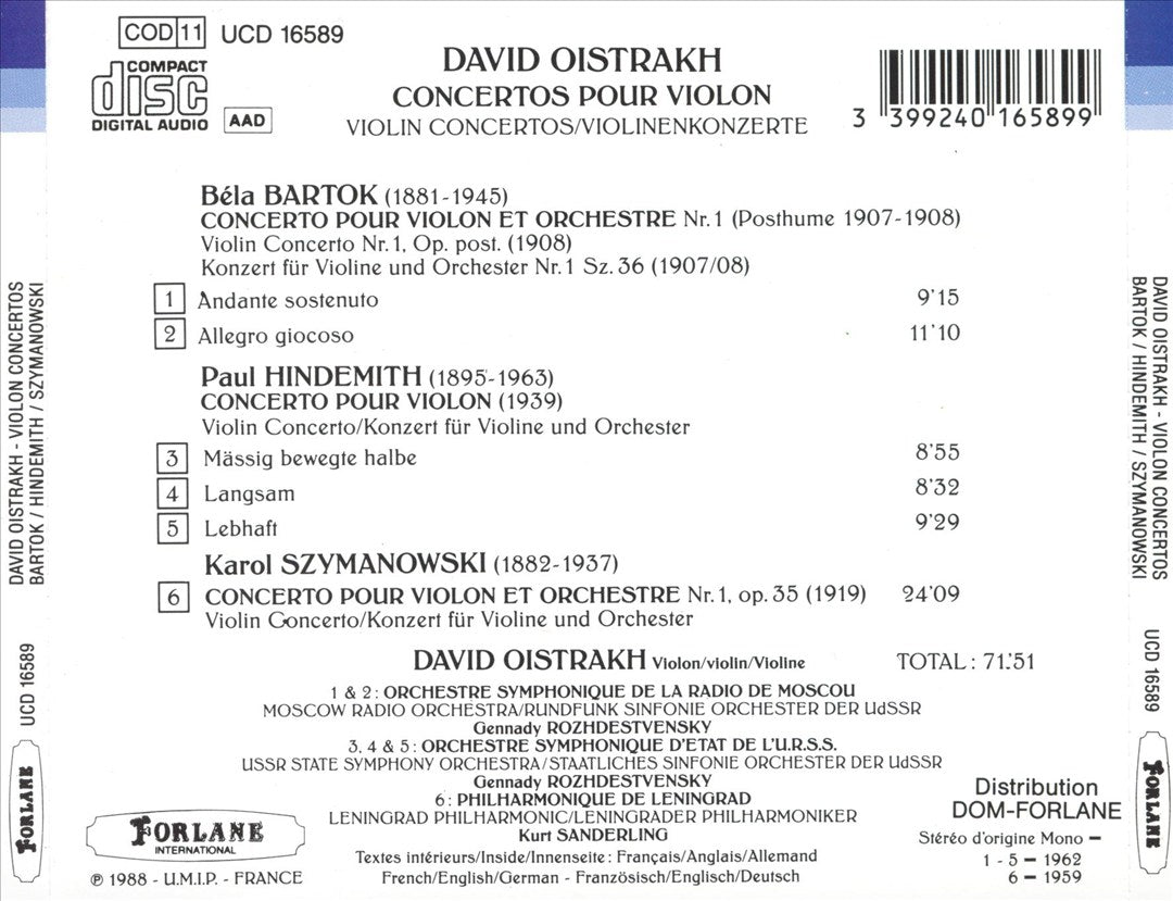 Bartok, Hindemith, Szymanowski: Violon Concertos cover art