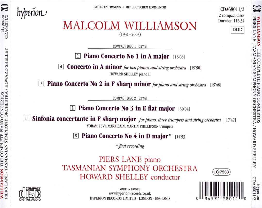 Malcolm Williamson: The Complete Piano Concertos cover art