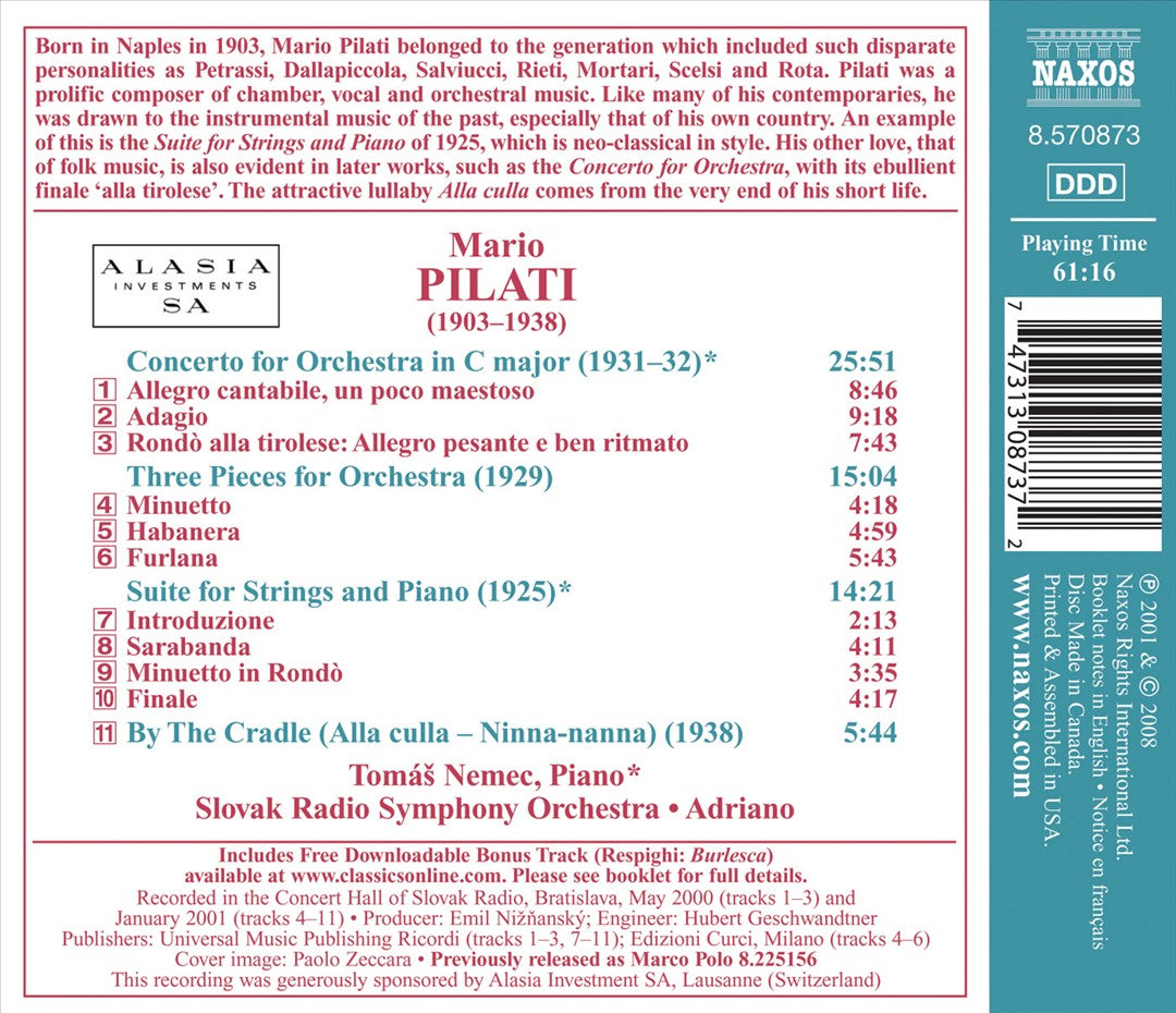Mario Pilati: Concerto for Orchestra; Suite for Strings and Piano cover art
