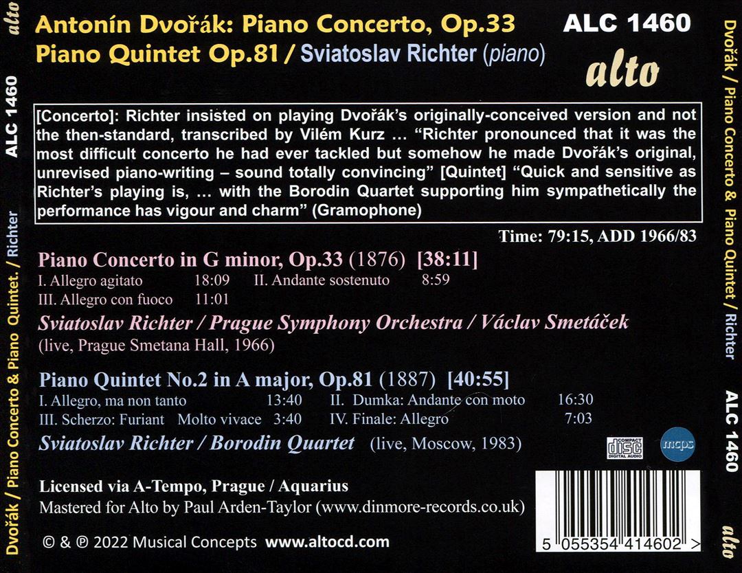 Dvorák Piano Concerto: Piano Quintet Op. 81 cover art