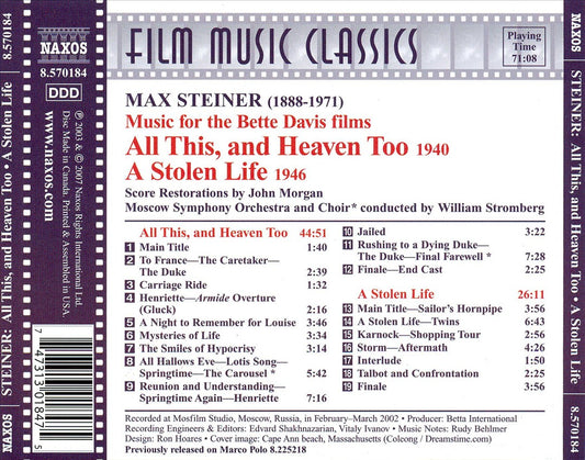 Max Steiner's Classic Film Scores: All This and Heaven Too / A Stolen Life cover art