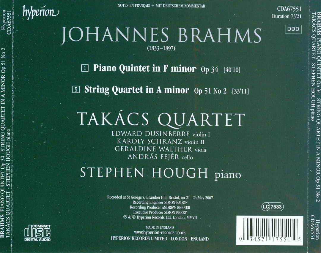 Brahms: String Quartet; Piano Quintet cover art