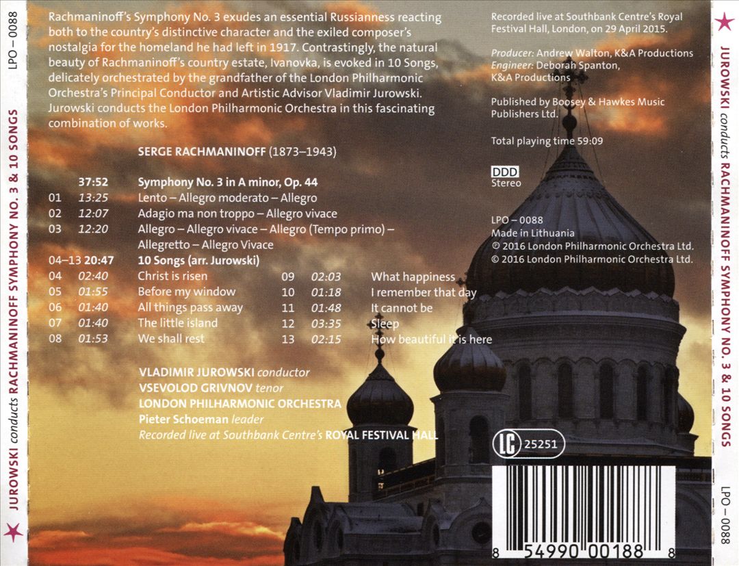 Rachmaninoff: Symphony No. 3; 10 Songs (Arr. Jurowski) cover art