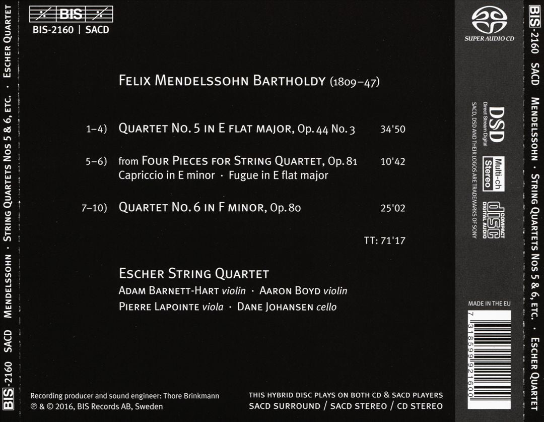 Mendelssohn: String Quartets No. 5 in E flat major & No. 6 in F major cover art