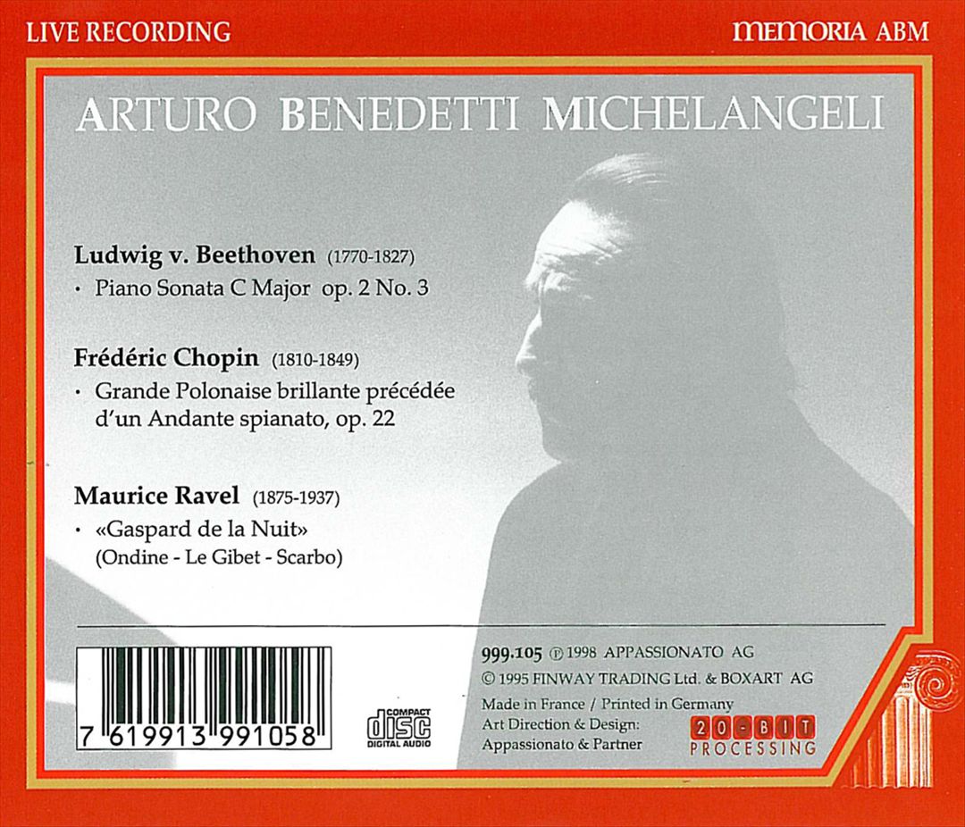 Arturo Benedetti Michelangeli Plays Beethoven, Chopin, Ravel cover art