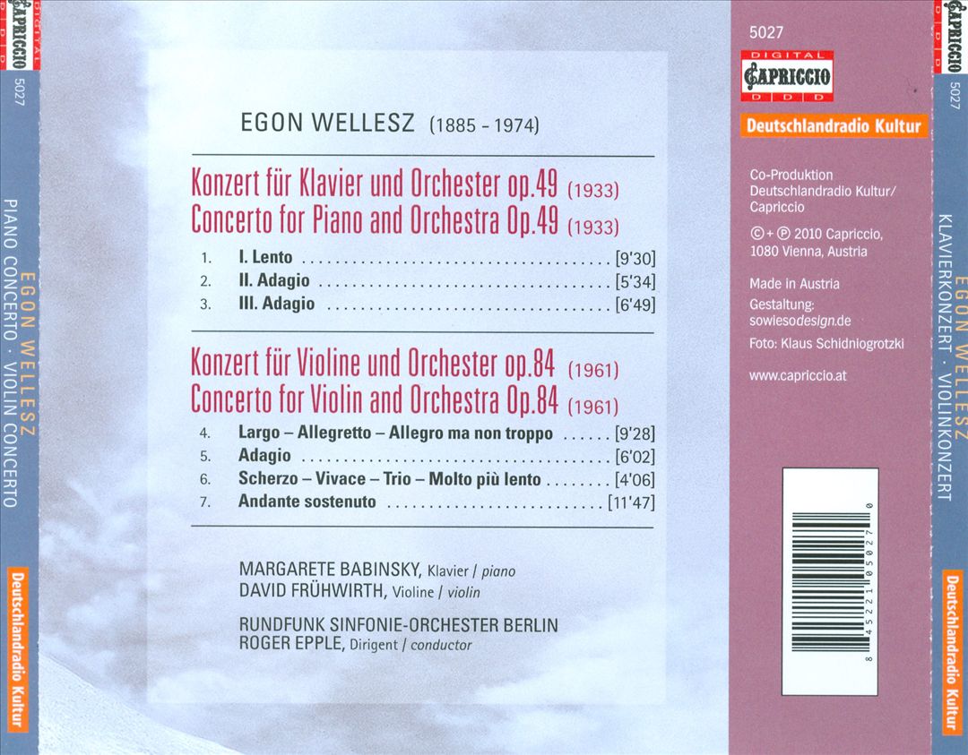Egon Wellesz: Piano Concerto; Violin Concerto cover art