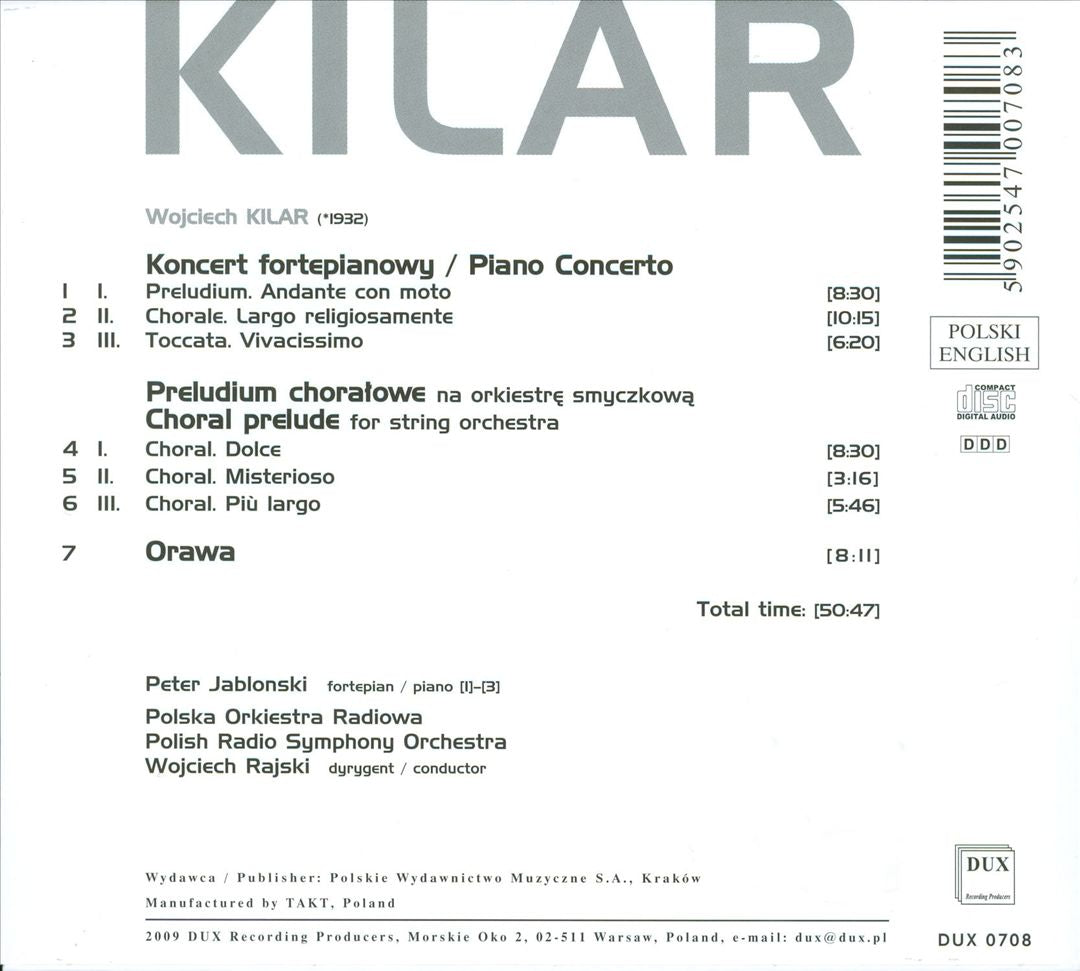 Wojciech Kilar: Piano Concerto; Choral Prelude; Orawa cover art