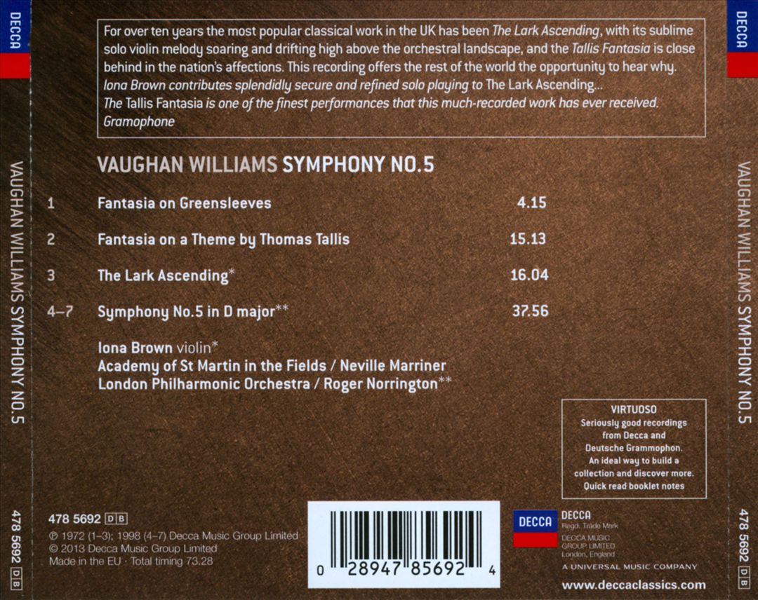 Vaughan Williams: The Lark Ascending; Fantasia on a Theme of Thomas Tallis; Symphony No. 5 cover art