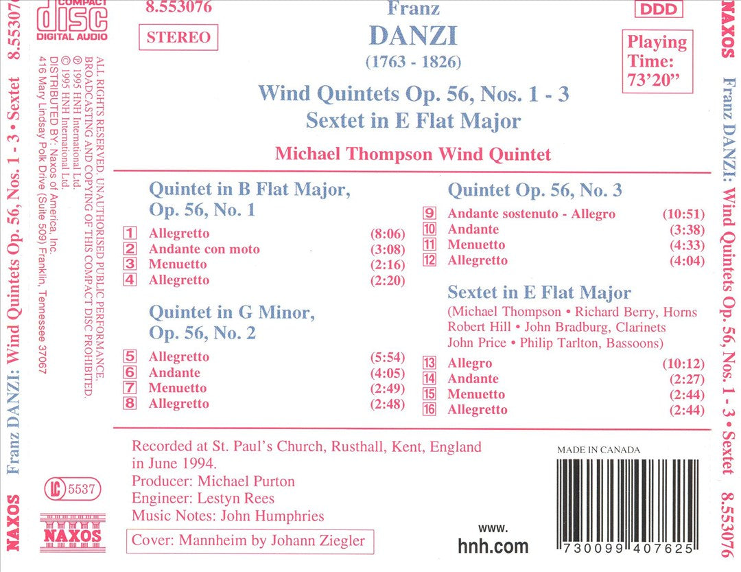 Danzi: Wind Quintets, Op. 56, Nos. 1-3; Sextet in E flat major cover art