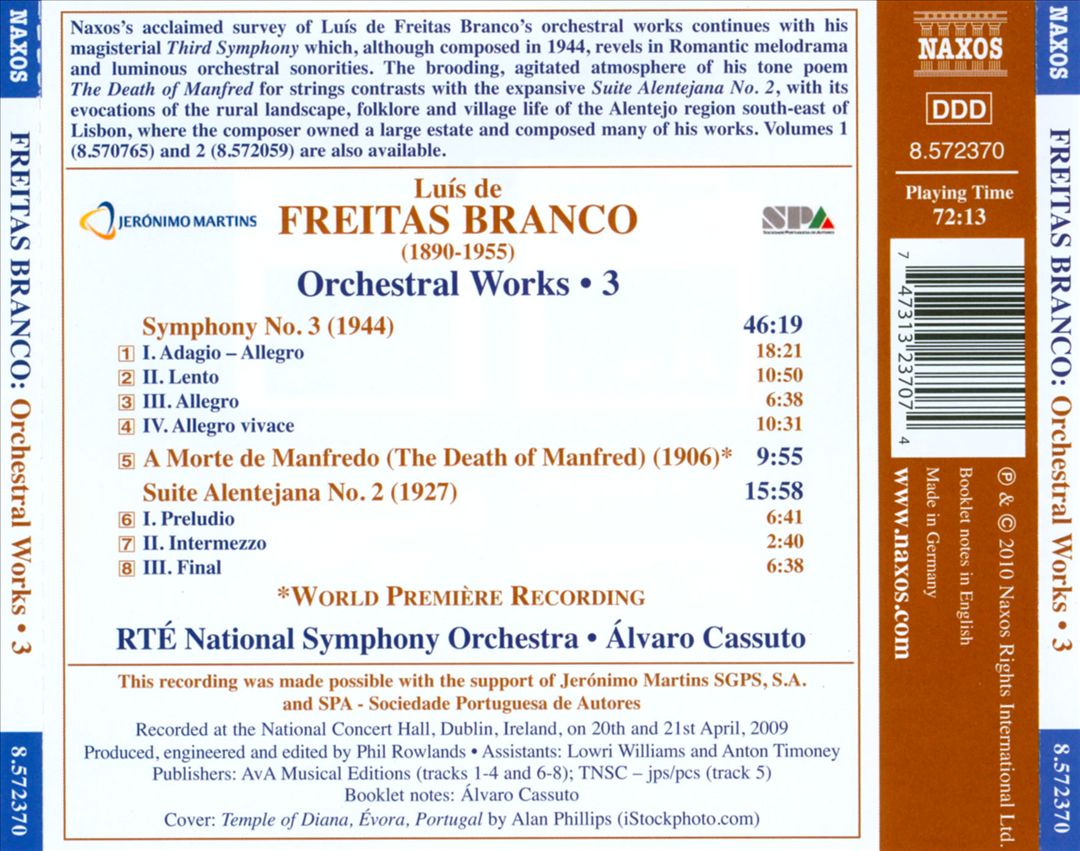 Luís de Freitas Branco: Symphony No. 3; The Death of Manfred; Suite Alentejana No. 2 cover art