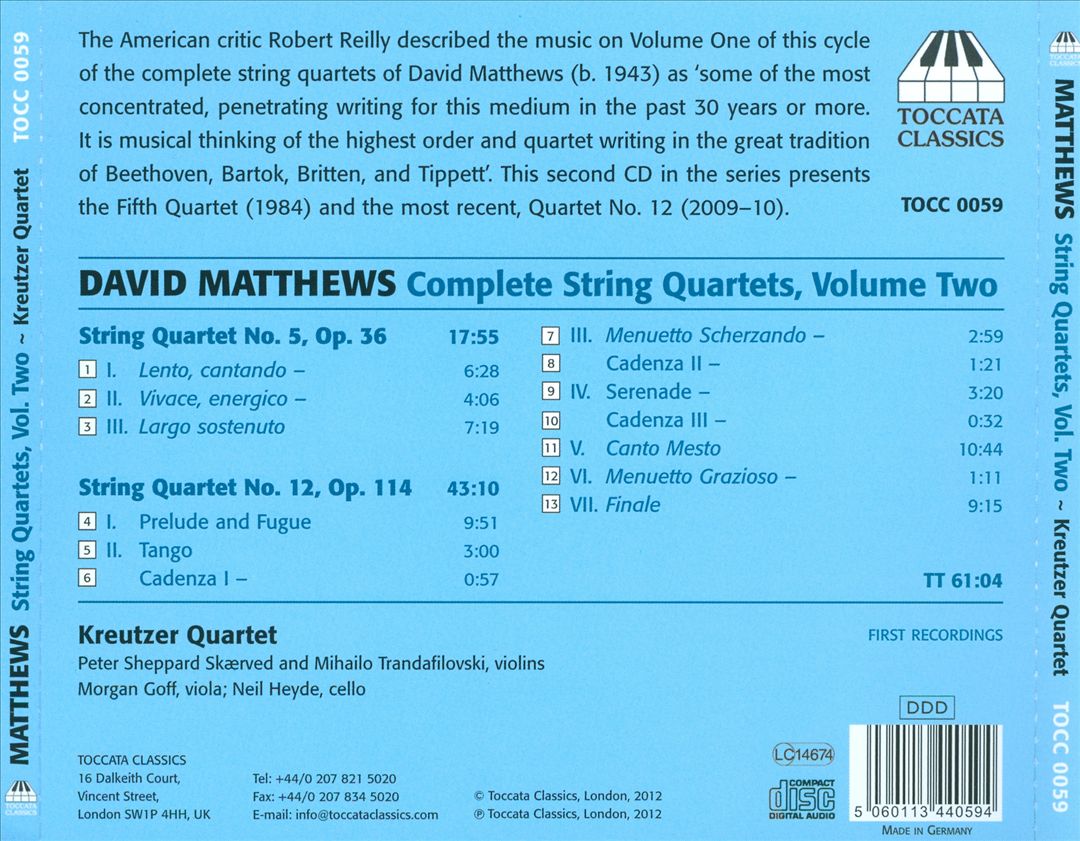 David Matthews: Complete String Quartets, Vol. 2 cover art