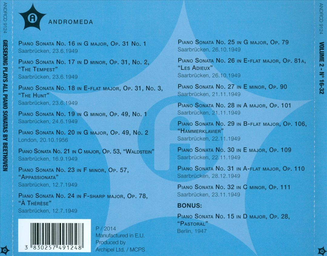 Walter Gieseking Plays All Piano Sonatas by Beethoven, Vol. 2, No. 16-32 (Less No. 22) cover art
