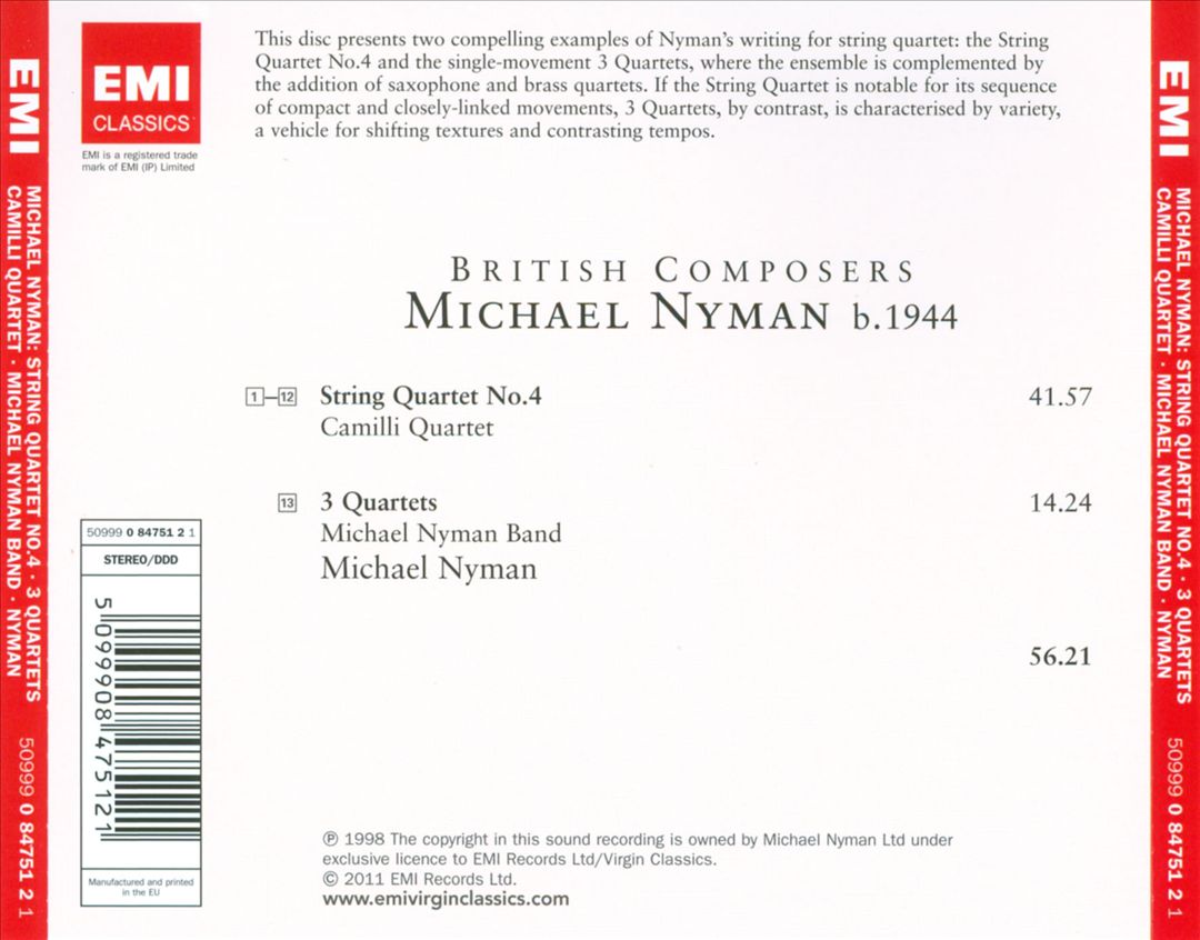 Michael Nyman: String Quartet No. 4; Three Quartets cover art