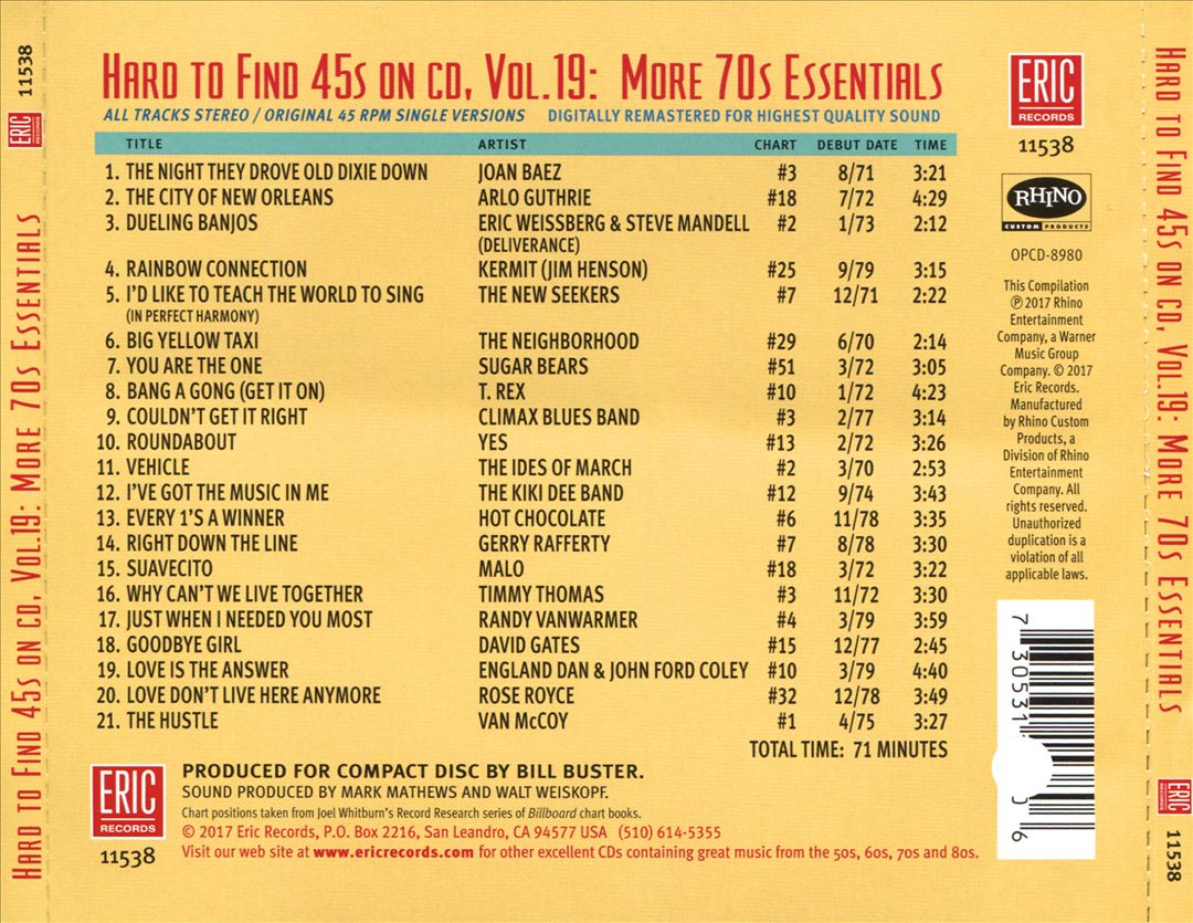 Hard to Find 45s on CD, Vol. 19:  More 70's Essentials cover art