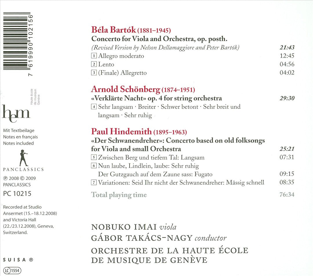 Béla Bartók, Paul Hindemith: Viola Concertos; Schönberg: Verklärte Nacht cover art