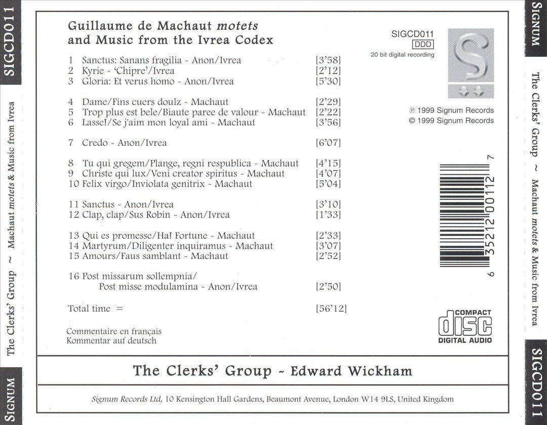 Guillaume de Machaut: Motets and Music from the Ivrea Codex cover art