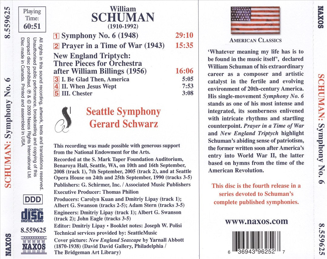 William Schuman: Symphony No. 6; Prayer in a Time of War; New England Triptych cover art