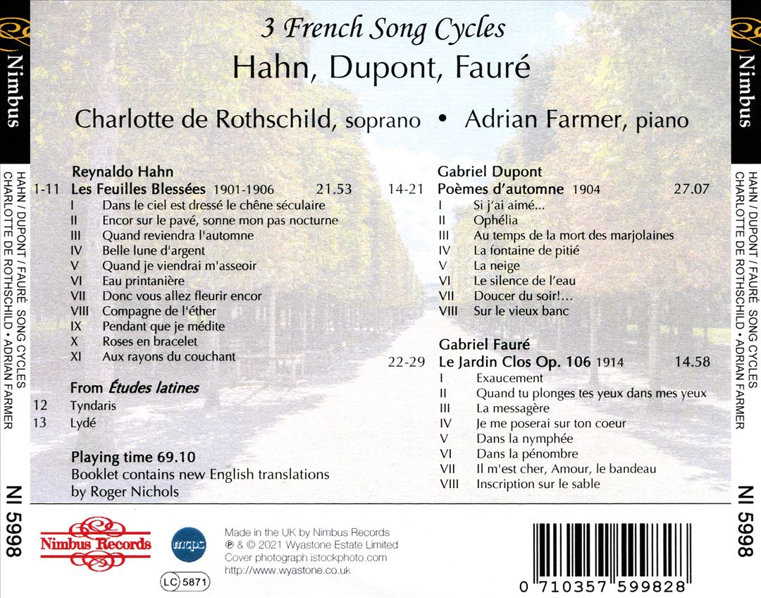 3 French Song Cycles: Dupont, Hahn, Fauré cover art