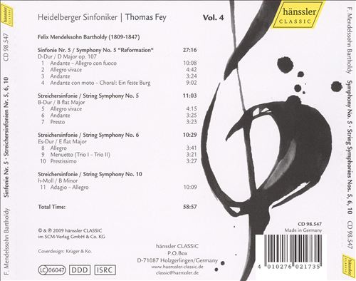 Mendelssohn: Symphony No. 5; String Symphonies Nos. 5, 6 & 10 cover art
