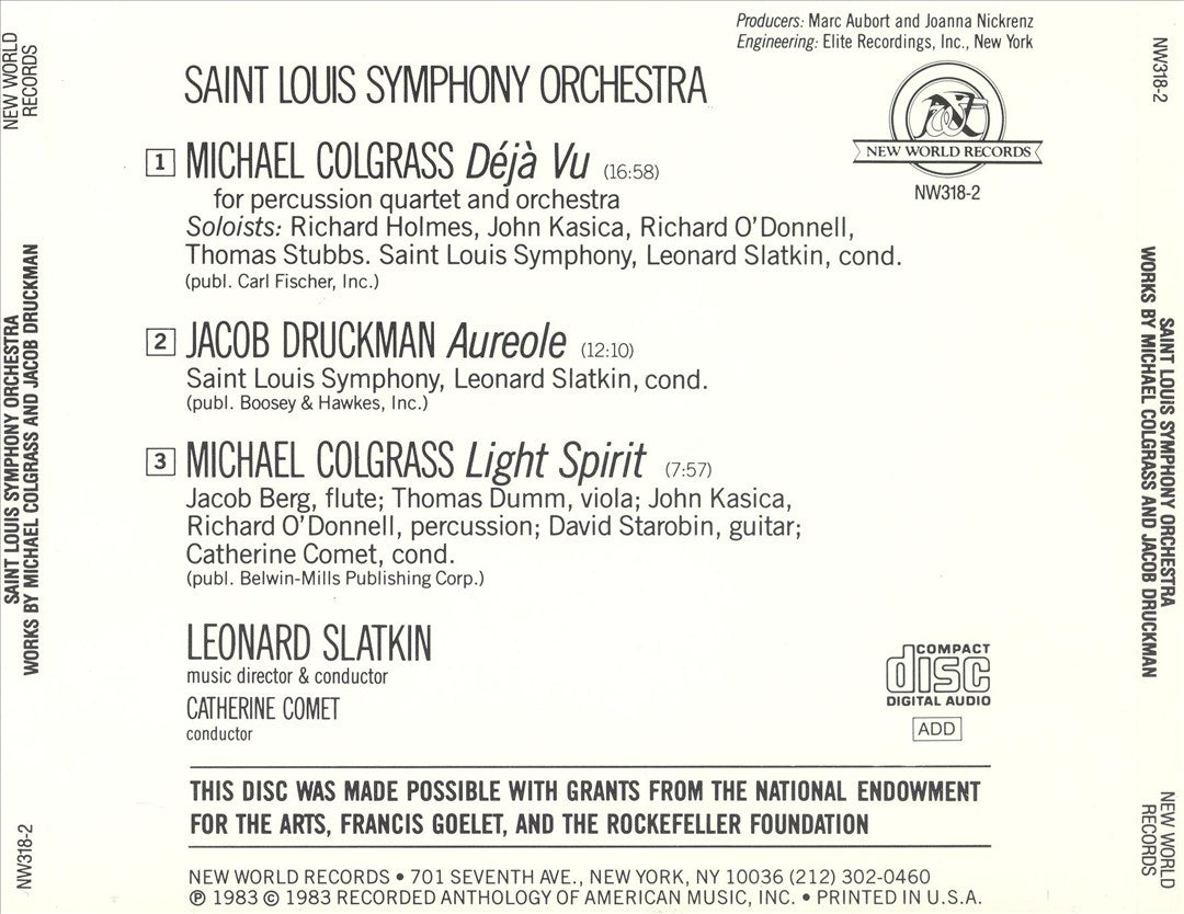 Michael Colgrass: Déjà-Vu; Light Spirit; Jacob Druckman: Aureole cover art