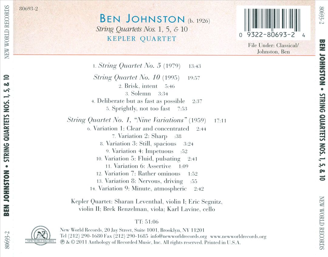 Ben Johnston: String Quartets Nos. 1, 5 & 10 cover art