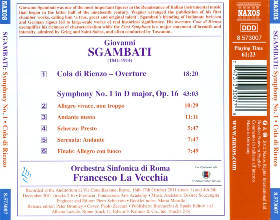 Giovanni Sgambati: Symphony No. 1; Cola di Rienzo Overture cover art