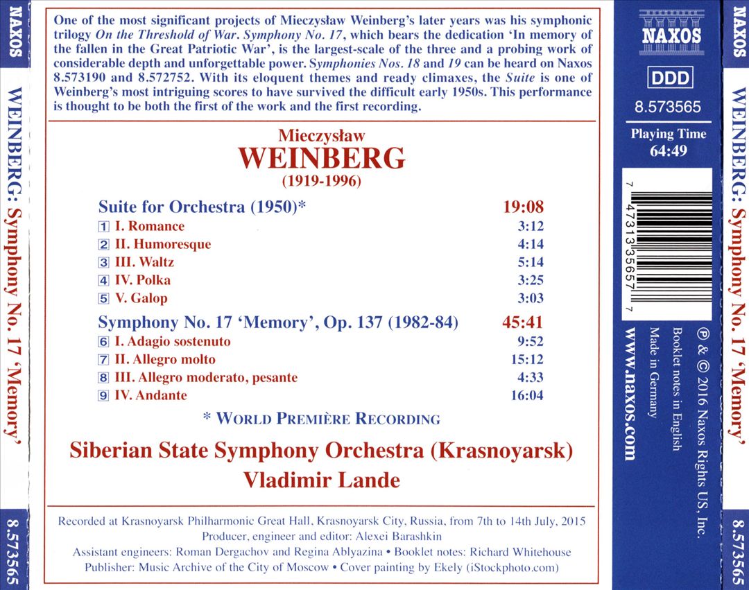 Weinberg: Symphony No. 17 "Memory"; Suite for Orchestra cover art