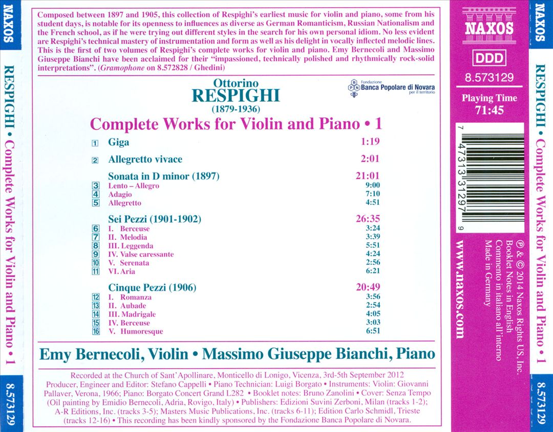 Respighi: Complete Works for Violin and Piano, Vol. 1 cover art