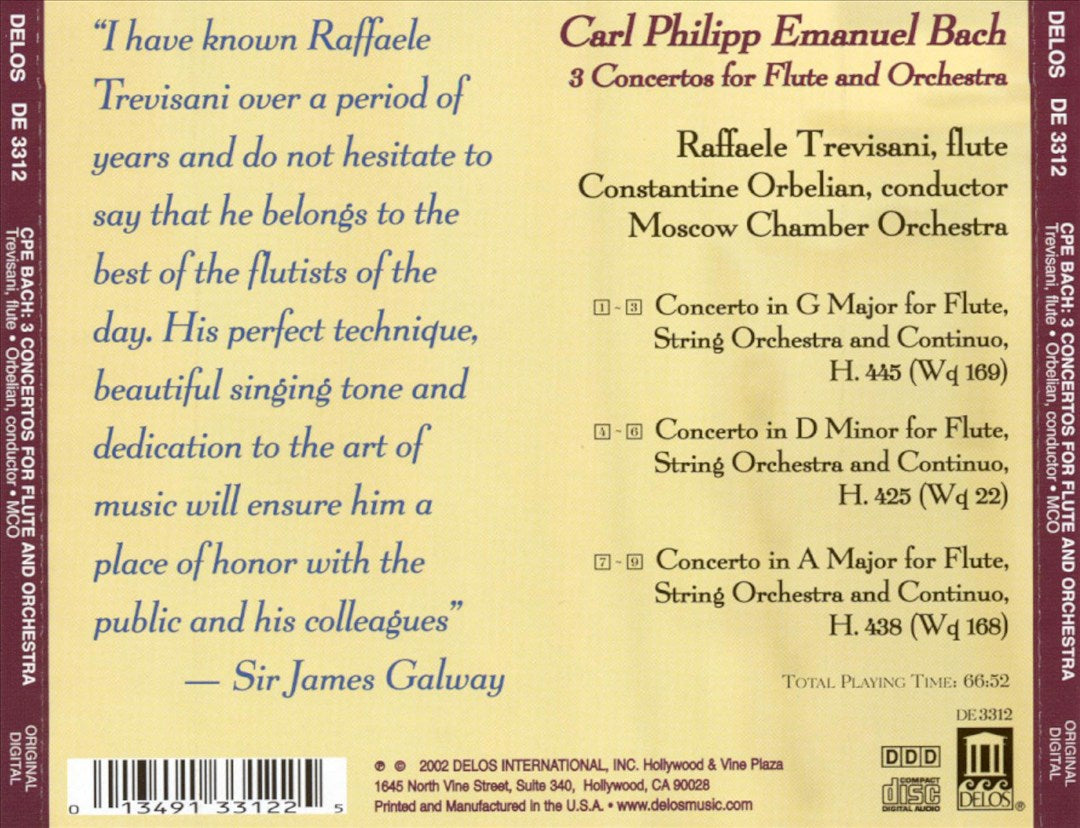 Carl Philipp Emanuel Bach: 3 Concertos for Flute and Orchestra cover art