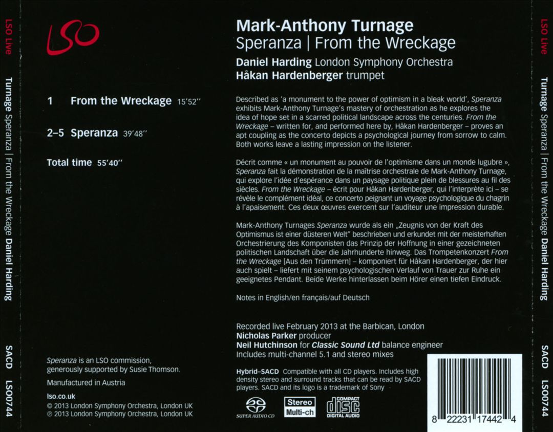 Mark-Anthony Turnage: Speranza; From the Wreckage cover art