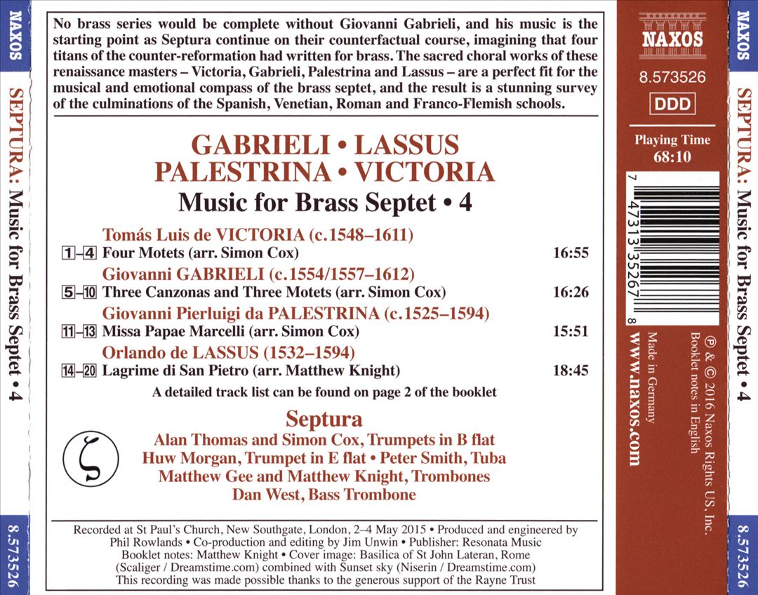 Music for Brass Septet, Vol. 4: Gabrieli, Lassus, Palestrina, Victoria cover art