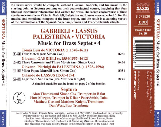 Music for Brass Septet, Vol. 4: Gabrieli, Lassus, Palestrina, Victoria cover art