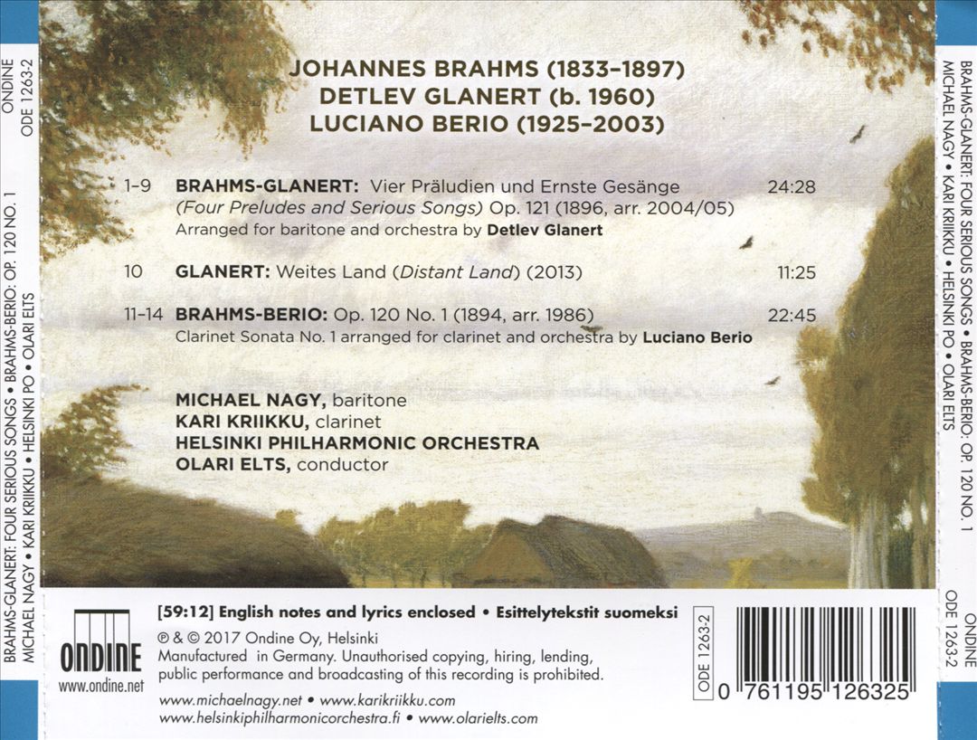 Brahms-Glanert: Four Serious Songs; Brahms-Berio: Clarinet Sonata No. 1; Glanert cover art