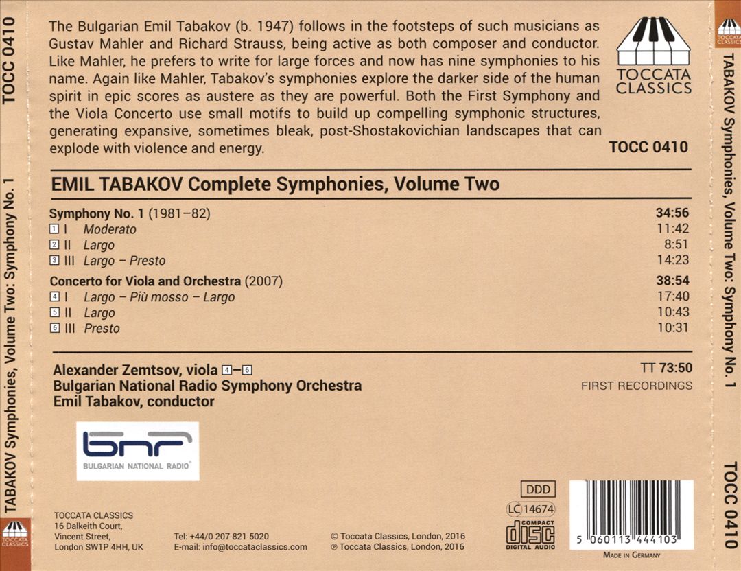 Emil Tabakov: Complete Symphonies, Vol. 2 - Symphony No. 1; Viola Concerto cover art