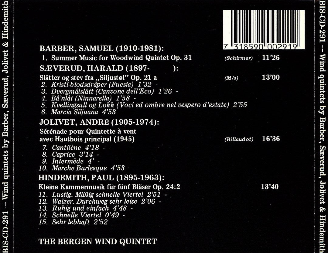 Barber: Summer Music; Hindemith: Kleine Kammermusik; Jolivet: Sérénade; Saeverud: Slåtter og sev fra "Siljustøl" cover art