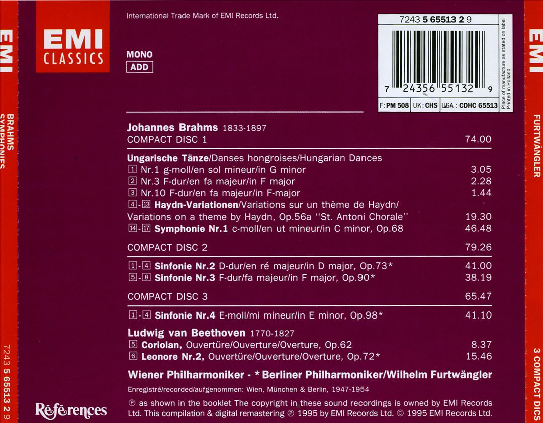 Brahms: Symphonies; 3 Ungarusche Tänze; Haydn-Variationen; Beethoven: Coriolan; Leonore 2 cover art