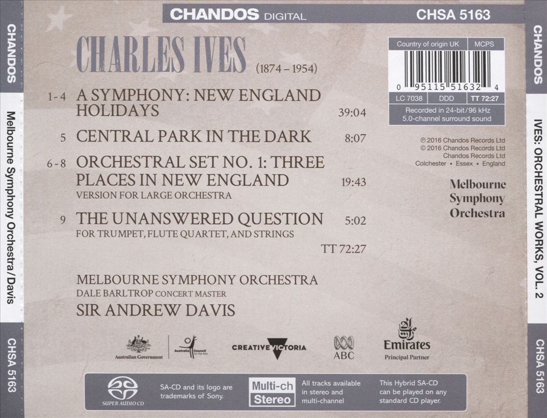 Charles Ives: Orchestral Works, Vol. 2 - A Symphony "New England Holidays"; Three Places in New England; Central Park in the Dark; The Unanswered Question cover art