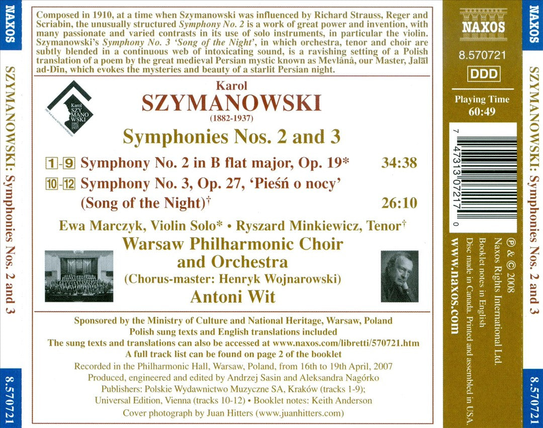 Karol Szymanowski: Symphony No. 2; Symphony No. 3 "Song of the Night" cover art