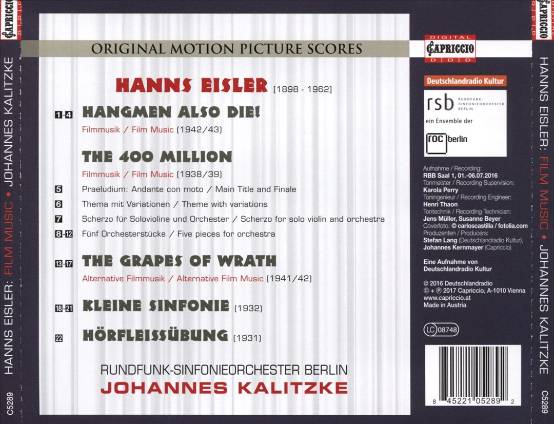 Hanns Eisler: Hangmen Also Die!; The 400 Million; The Grapes of Wrath cover art