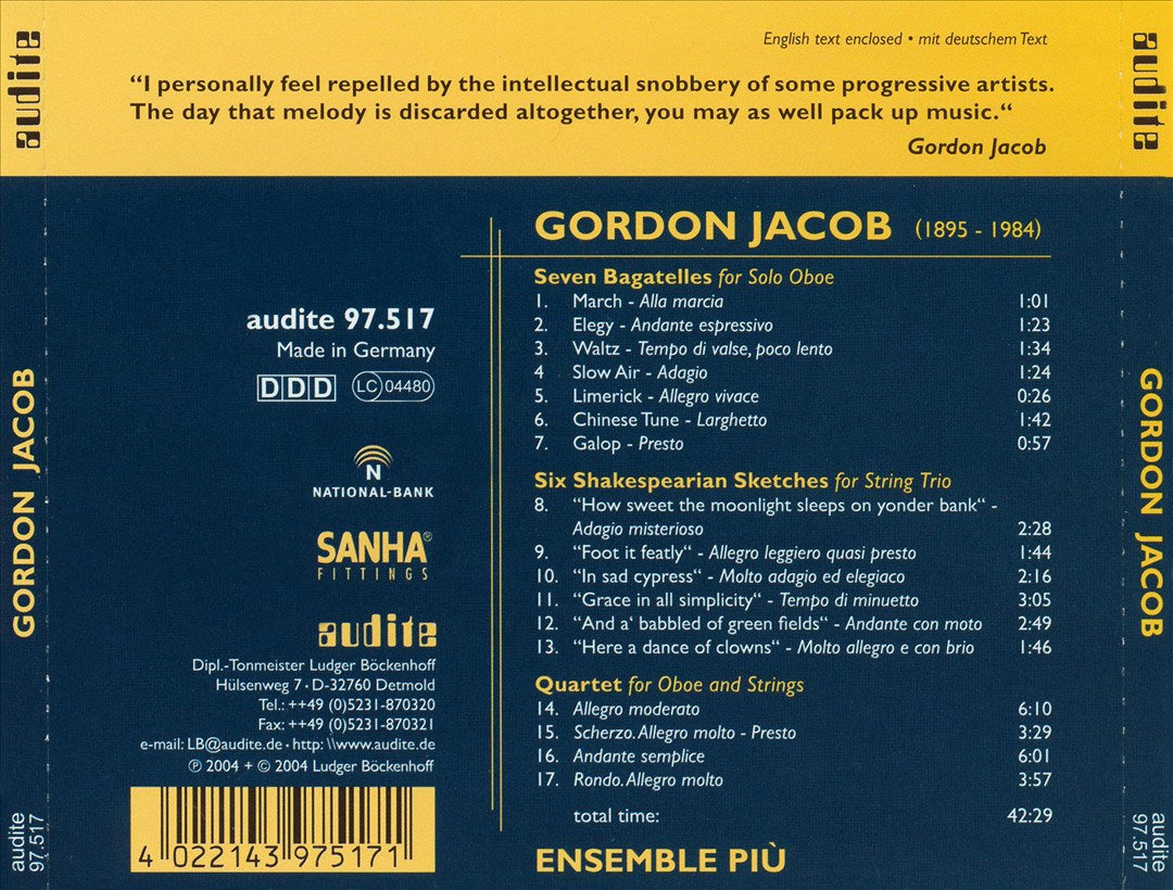 Gordon Jacob: Seven Bagatelles; Six Shakespearian Sketches; Quartet cover art