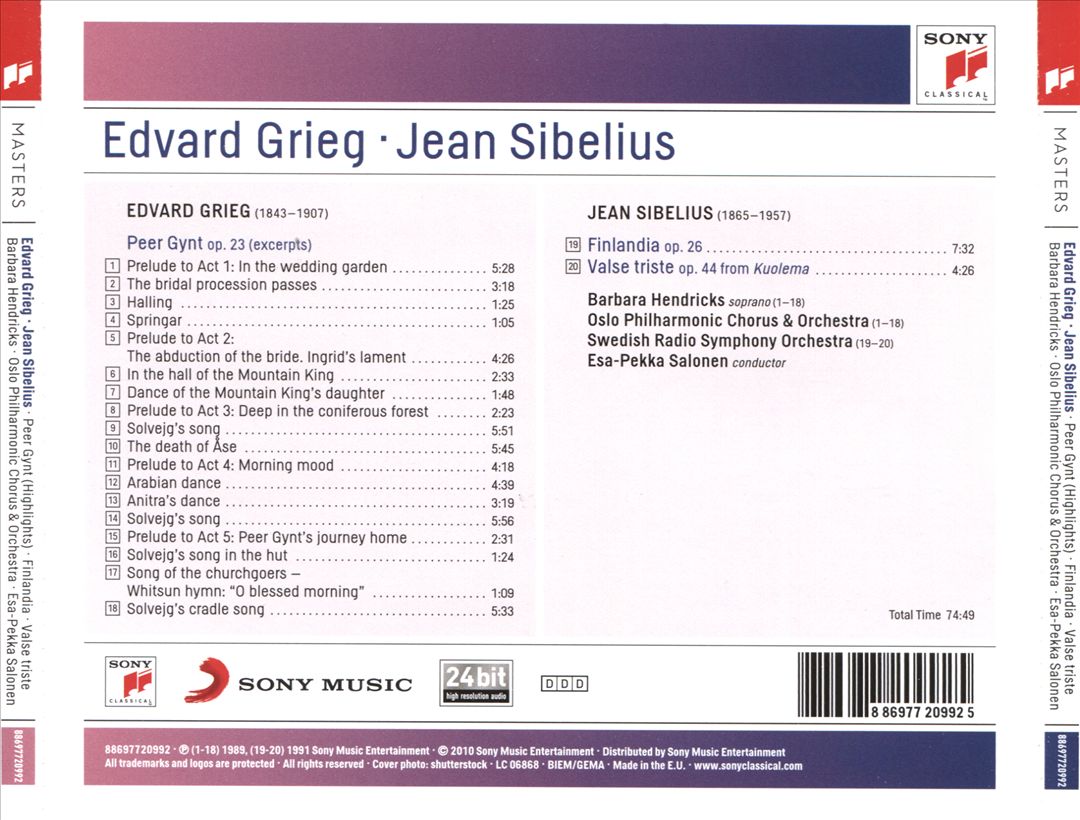 Edvard Grieg: Peer Gynt Op. 23 (Excerpts); Jean Sibelius: Finlandia; Valse Triste cover art