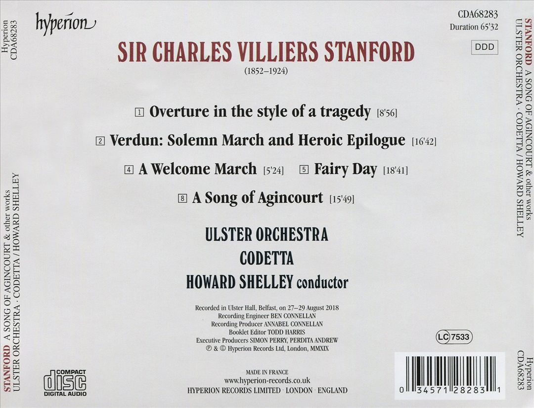 Stanford: A Song of Agincourt; Overture in the Style of a Tragedy; Verdun; A Welcome March; Fairy Day cover art