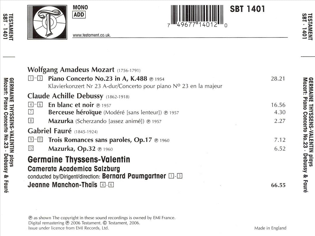 Germaine Thyssens-Valentin Plays Mozart, Debussy, Fauré cover art