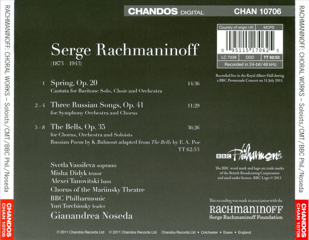Rachmaninov: The Bells; Spring; Three Russian Songs cover art